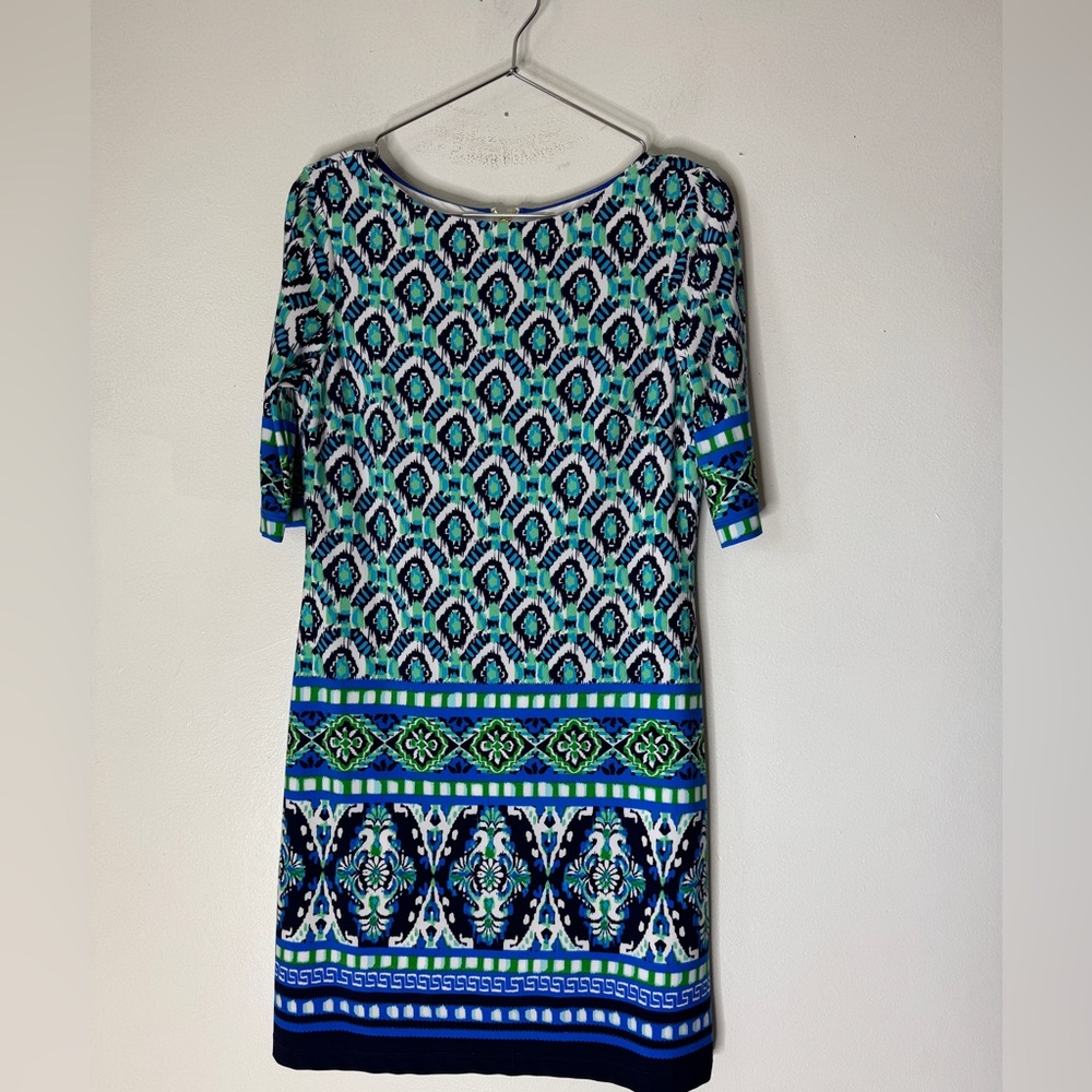 Eliza J Womens Blue Abstract Shortโ Sleeve Relaxed Shift Dress Size 4